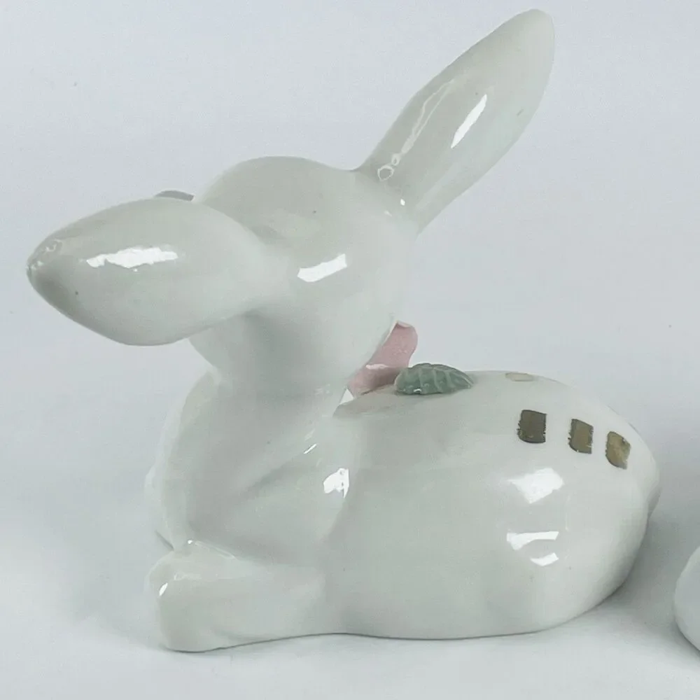 VTG Big Gold Ears White Porcelain Deer Figurines Mother Fawn Rose Chase Japan